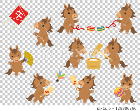 正月の遊びと餅つきをする馬のキャラクターのイラストセットのイラスト