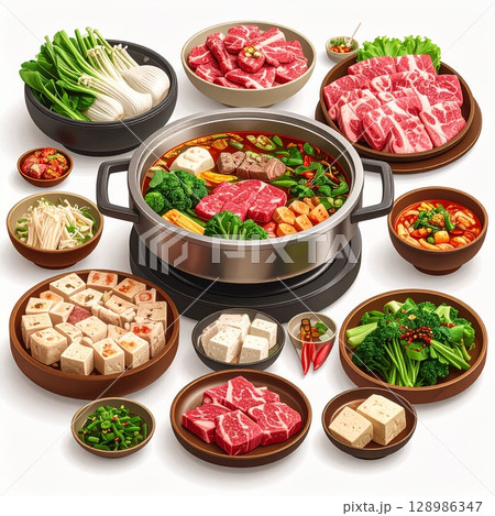 fresh raw meat in pot 128986347