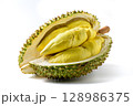 Ripe Durian Fruit or Monthong with Yellow Flesh Isolated on White Background.King of Fruits 128986375
