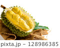 Fresh Durian Fruit or Durio zibethinus Opened on White Background .Exotic Tropical Thai King of Fruits 128986385