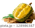 Fresh Durian Fruit or Durio zibethinus Opened on White Background .Exotic Tropical Thai King of Fruits 128986387