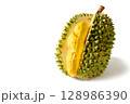 Ripe durian fruit or Durio zibethinus with yellow creamy pulp exposed, isolated on white background. Known as the king of fruits in Southeast Asia. Popular in Thailand, Malaysia, and Indonesia. 128986390