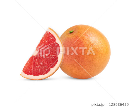 Ripe grapefruit and a standing slice isolated. Fresh grapefruits with clipping path. Ripe grapefruit and a standing slice isolated. Fresh grapefruits with clipping path. 128986439