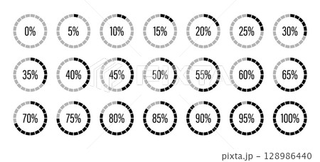 Round diagrams icons for infographics from 0 to 100 percent. Percentage infographics elements. Black, grey color fill divided pie charts indicator layout. Circle graph loading progress mockup. 128986440