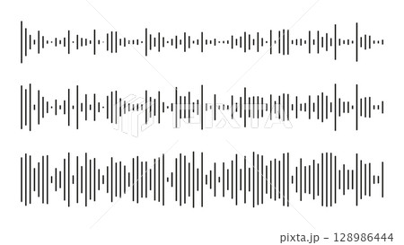 Equalizer symbols template. Voice message templates set. Icon of audio chat speech sound wave. Elements for mobile messenger, podcast, music player, online radio interface or app. Waveform pattern. Equalizer symbols template. Voice message templates set. Icon of audio chat speech sound wave. Elements for mobile messenger, podcast, music player, online radio interface or app. Waveform pattern. 128986444
