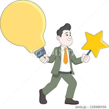 Cartoon Businessman Holding Light Bulb and Star Illustration 128986456