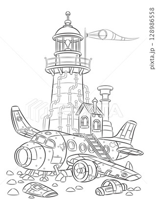 Illustration of steampunk style lighthouse with airplane wreckage isolated on white background. 128986558