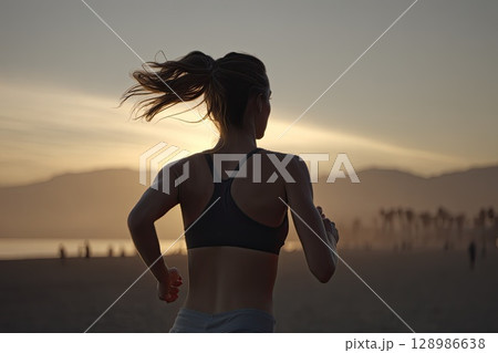 Silhouette of a young woman running on the beach during sunset. A silhouette of a young woman running on the beach creates a beautiful image, enhanced by the stunning sunset colors. 128986638