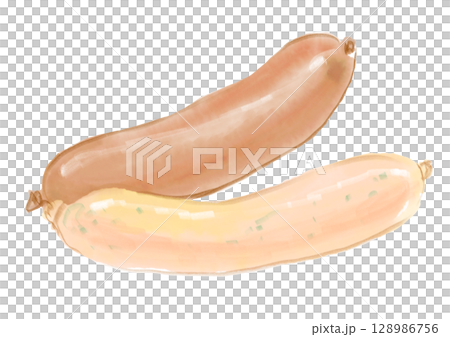 Hand-drawn watercolor illustration of two kinds of sausages, plain and herb 128986756