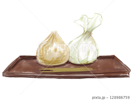 岐阜の和菓子の栗きんとんの手描き水彩イラスト 岐阜の和菓子の栗きんとんの手描き水彩イラスト 128986759