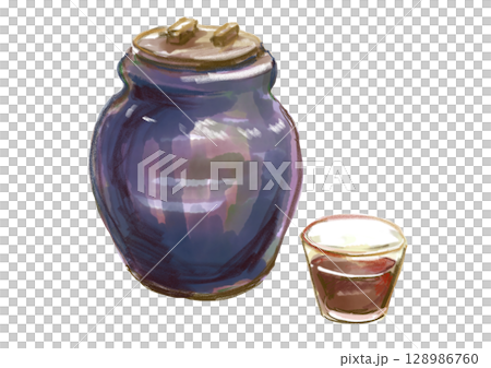 壺で発酵熟成させた黒酢の手描き水彩イラスト 壺で発酵熟成させた黒酢の手描き水彩イラスト 128986760