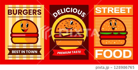 Burger posters. Cute food characters. Kawaii hamburger mascot. Grilled restaurant menu cover or advertising. Logotype design. Funny cheeseburger vector cartoon isolated illustration 128986765
