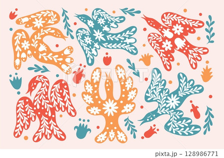 Ethnic birds. Fly dove pattern. Ukraine peace animal print or retro flower swallow. Floral ornament. Trendy folklore chicken. Silhouette decoration. Scandinavian birdie. Vector pigeons set Ethnic birds. Fly dove pattern. Ukraine peace animal print or retro flower swallow. Floral ornament. Trendy folklore chicken. Silhouette decoration. Scandinavian birdie. Vector pigeons set 128986771