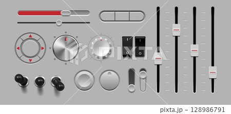 3d button. Control slider knob. Sound switch panel or metal radio dial. Stereo equipment. Music level tuner. Recorder equalizer. Multimedia regulator. Vector realistic console sliders set 3d button. Control slider knob. Sound switch panel or metal radio dial. Stereo equipment. Music level tuner. Recorder equalizer. Multimedia regulator. Vector realistic console sliders set 128986791