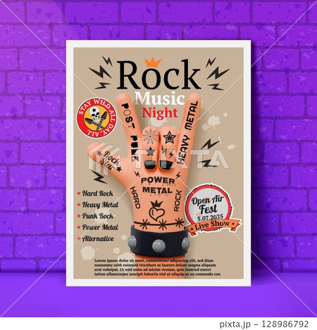 Music band poster. Concert flyer with rocker hand. Typography for punk party cover. Electro and metal concert. Picture at brick wall. Vector rock nightclub show invitation banner design 128986792