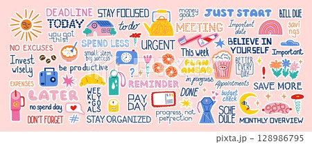Planner stickers. Cute scrapbook. Diary doodles. Daily week calendar or notebook. Deadline reminder. Girl paper notes. Task planning label. Motivation phrase. Vector trendy icons set 128986795
