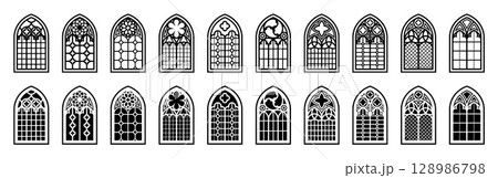 Gothic windows. Glass window. Church arch, Catholic cathedral frame or medieval architecture black silhouette. Renaissance art, religious mosaic ornament elements. Vector icons 128986798