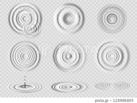 Water drop. Circle wave splash effect. Side and top views of 3D puddle surface. Rain swirl texture. Transparent rings. Raindrop splashing. Concentric rounds. Vector ripple elements set Water drop. Circle wave splash effect. Side and top views of 3D puddle surface. Rain swirl texture. Transparent rings. Raindrop splashing. Concentric rounds. Vector ripple elements set 128986805
