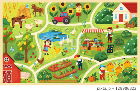 Farm map. Kids village scene. Cute garden road. Tractor and cow at field. Farmer market. Farming animal. Children growing vegetables. Town roadmap. Vector countryside farmland infographics Farm map. Kids village scene. Cute garden road. Tractor and cow at field. Farmer market. Farming animal. Children growing vegetables. Town roadmap. Vector countryside farmland infographics 128986822