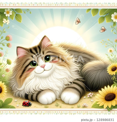 夏の庭にノルウェージャンフォレストキャット 夏の庭にノルウェージャンフォレストキャット 128986831