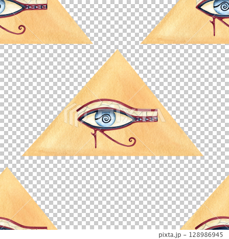 Egyptian abstract pyramid, eye of Horus seamless pattern. Ancient god, repeat religion icon, symbol. Watercolor illustration isolated from background. African Arab style for souvenir products Egyptian abstract pyramid, eye of Horus seamless pattern. Ancient god, repeat religion icon, symbol. Watercolor illustration isolated from background. African Arab style for souvenir products 128986945