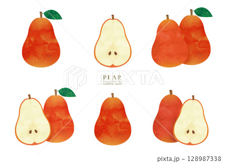 赤い洋梨の水彩風イラスト素材セット 128987338