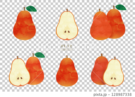 赤い洋梨の水彩風イラスト素材セット 128987338