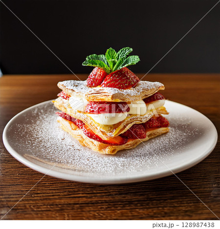Delightful Strawberry Mille-Feuille Layered Dessert 128987438