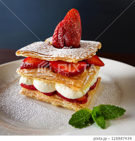 Delightful Strawberry Mille-Feuille Layered Dessert 128987439