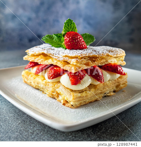 Delightful Strawberry Mille-Feuille Layered Dessert 128987441