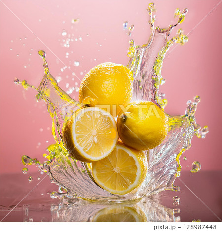 Refreshing Yellow Lemons with Water Splash 128987448