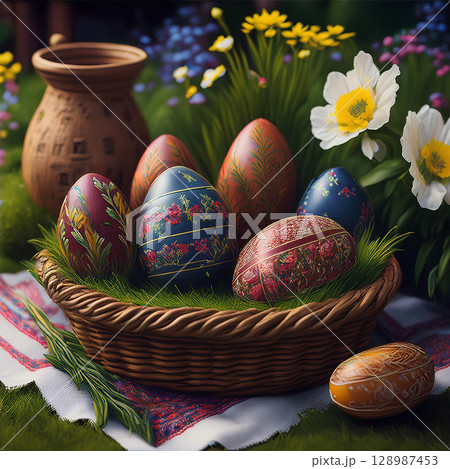 Traditional Romanian Easter Feast on Table 128987453