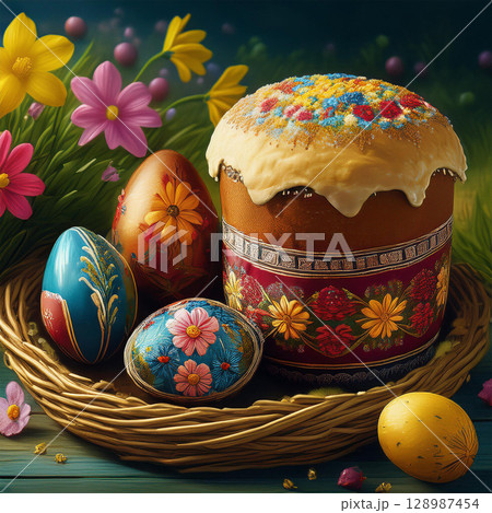 Traditional Romanian Easter Feast on Table 128987454