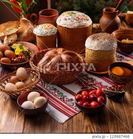 Traditional Romanian Easter Feast on Table Traditional Romanian Easter Feast on Table 128987466