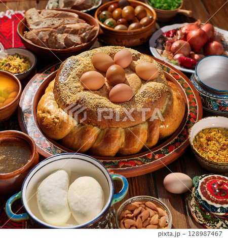 Traditional Romanian Easter Feast on Table Traditional Romanian Easter Feast on Table 128987467