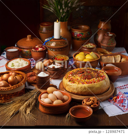 Traditional Romanian Easter Feast on Table 128987471