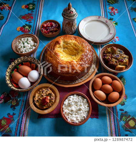 Traditional Romanian Easter Feast on Table 128987472
