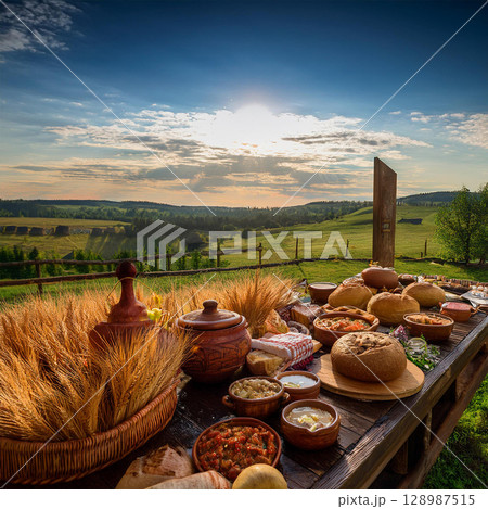 Traditional Romanian Easter Picnic Celebration Outdoors 128987515