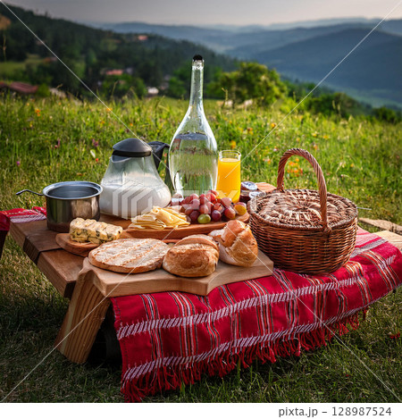 Traditional Romanian Easter Picnic Celebration Outdoors 128987524