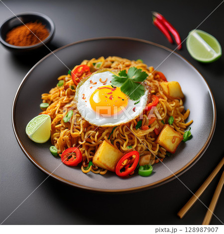 Spicy Mee Goreng with Fried Egg 128987907