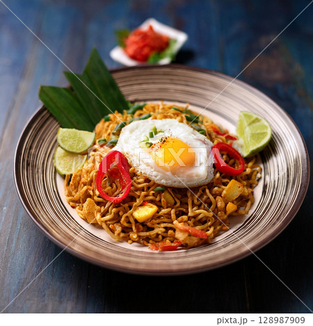 Spicy Mee Goreng with Fried Egg 128987909