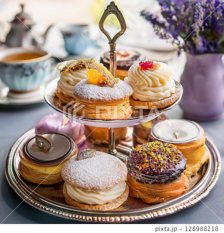 Elegant Pastries and Tea Time Delight 128988218