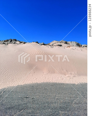 Majestic Sand Dunes with Rippled Patterns Under a Clear Blue Sky in a Desert Landscape 128988234