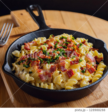 Creamy Macaroni and Cheese with Bacon 128988288