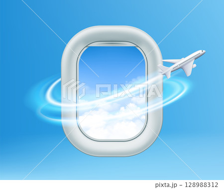 Plane flying around aircraft window or porthole 128988312