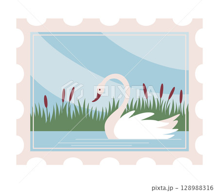 Postage stamp, icon. Hand drawn design, concept of travel. Retro postcard stickers, flat color vector illustration isolated on background 128988316