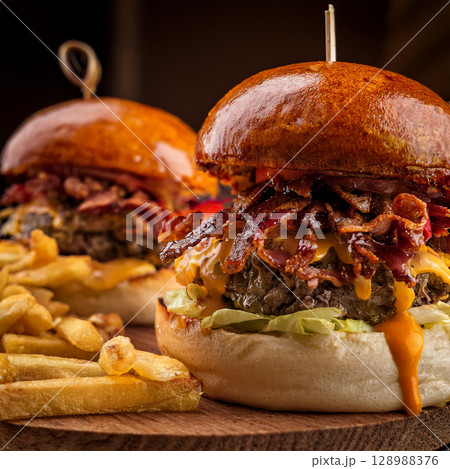 Gourmet Burgers and Fries Close Up 128988376