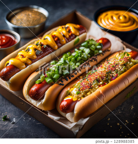 Delicious Gourmet Hot Dogs with Toppings 128988385