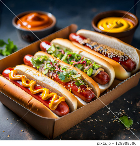 Delicious Gourmet Hot Dogs with Toppings Delicious Gourmet Hot Dogs with Toppings 128988386