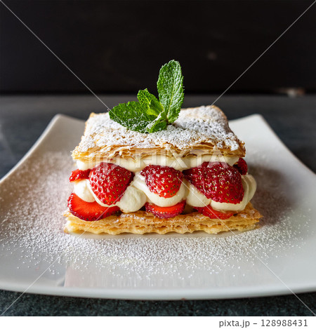 Delightful Strawberry Mille-Feuille Layered Dessert 128988431